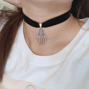 Halloween Silver Skeleton Hand Black Velvet Choker